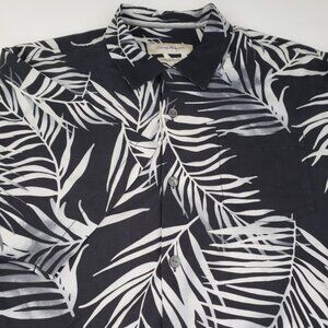 Tommy Bahama 100% Silk Black Gray Hawaiian Shirt Tropical Palm Men's L Large